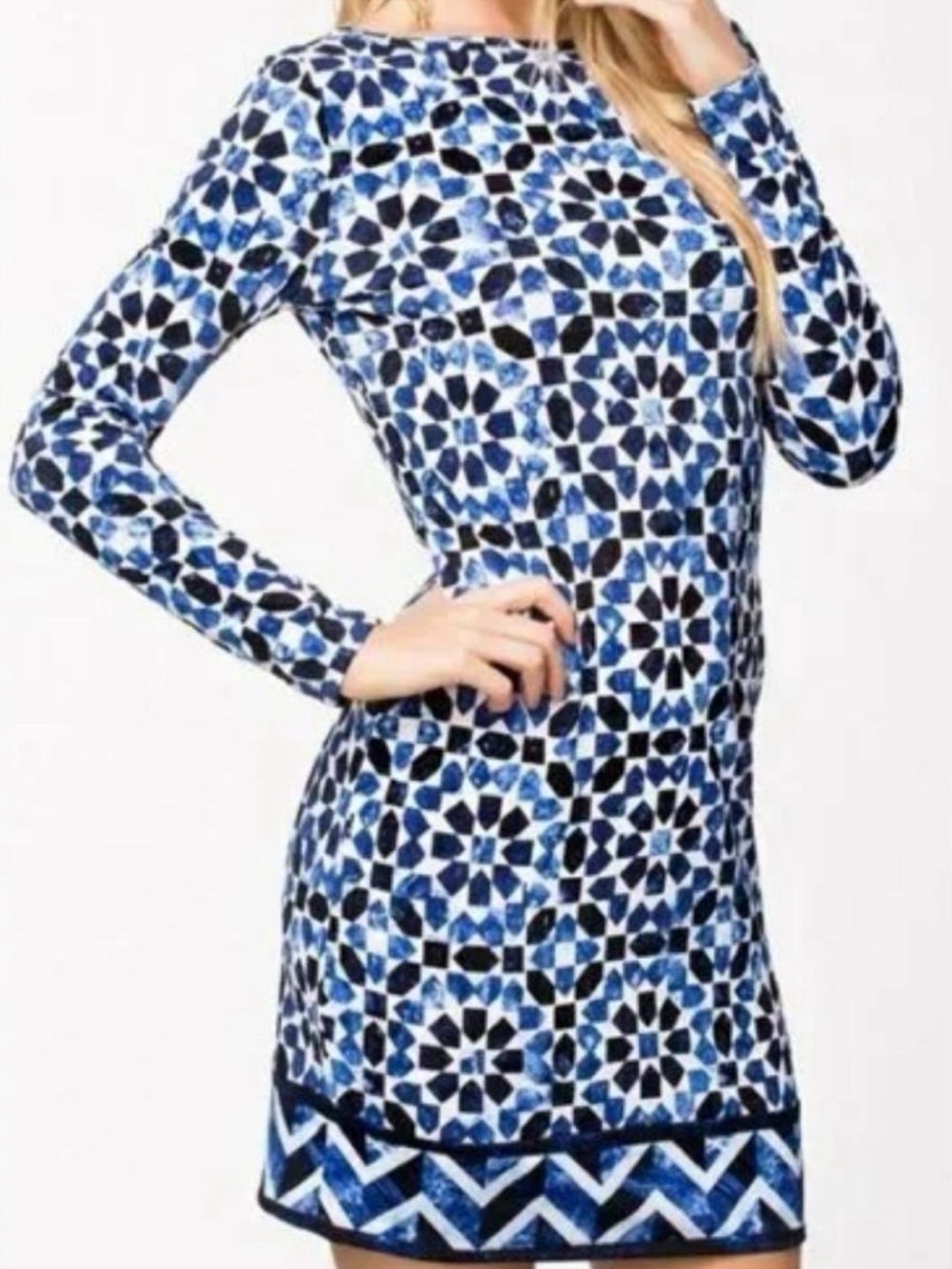Michael Kors Blue and White Long Sleeve Geometric Shift Dress